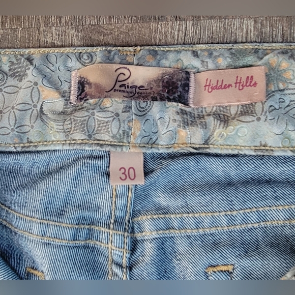 PAIGE Hidden Hills Low Rise Flare Leg Jeans Womens 30 Med-Dark Wash Light Distre - Picture 5 of 14